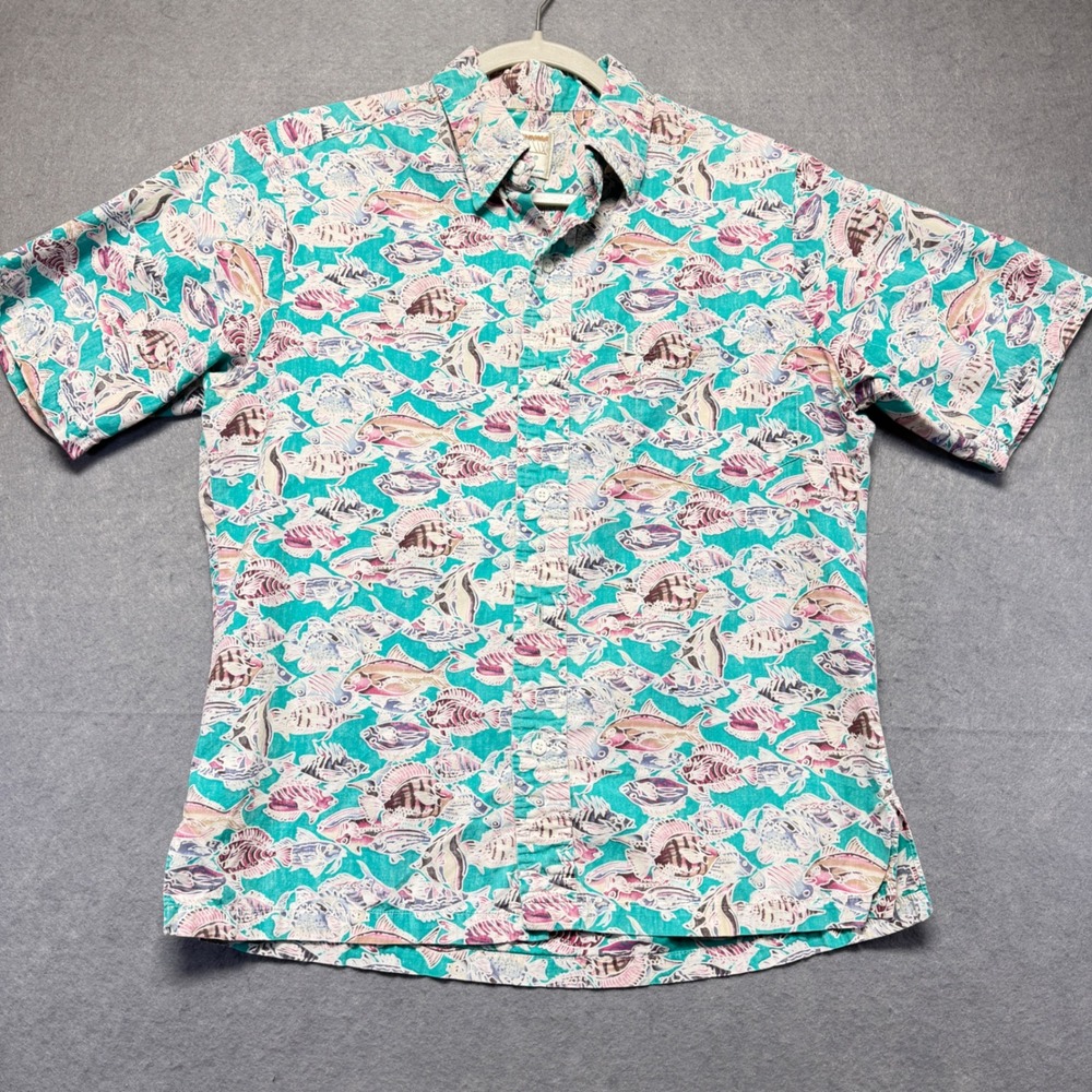 Kahala by HRH Hawaii Men Teal Tropical Fish Print Aloha Shirt Short Sleeve Small